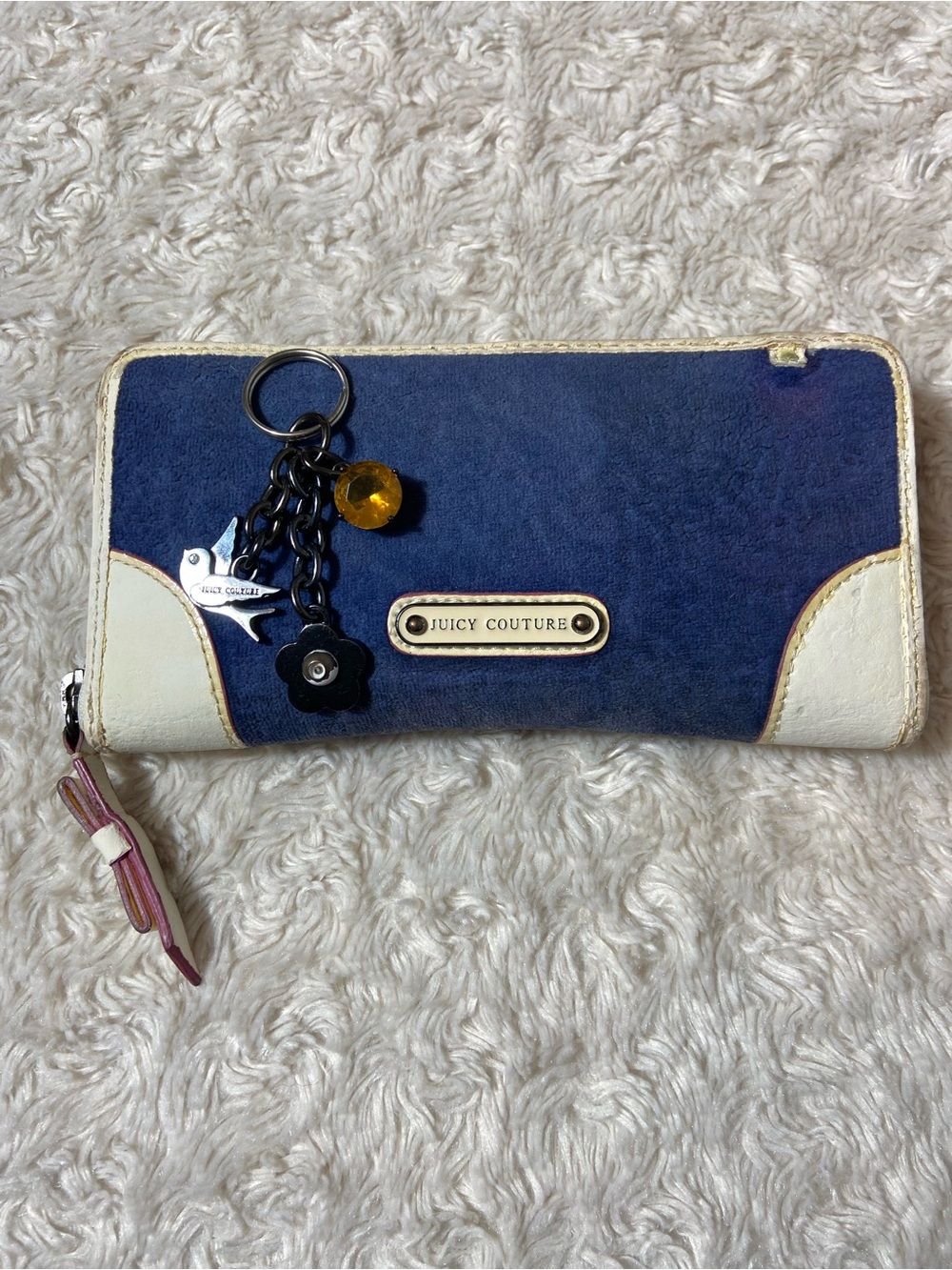Juicy Couture Blue and White Zip-Around Terry Wallet and Charm Keychain 2012